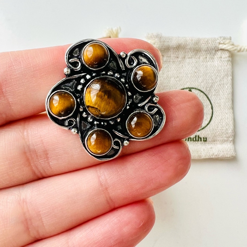 Tiger’s Eye Multi Gem Stone Silver Ring Size 8.5